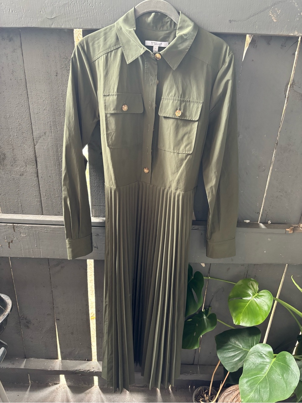 10 Crosby Derek Lam Olive Green Long-Sleeve Pleated Shirt Dress
